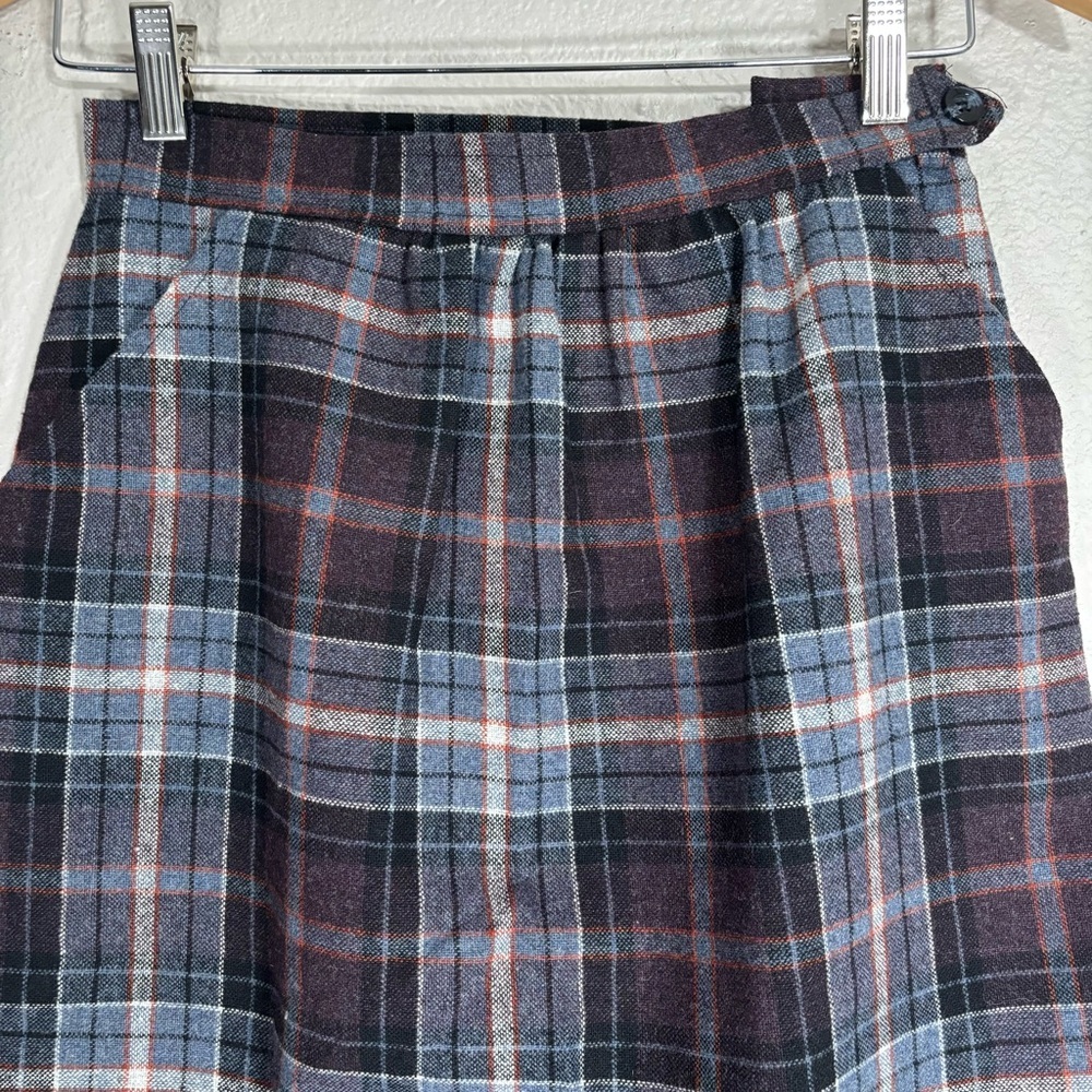 70s Vintage Union Purple Plaid Wool Skirt Size 26 School Girl Uniform A Line - Picture 2 of 6